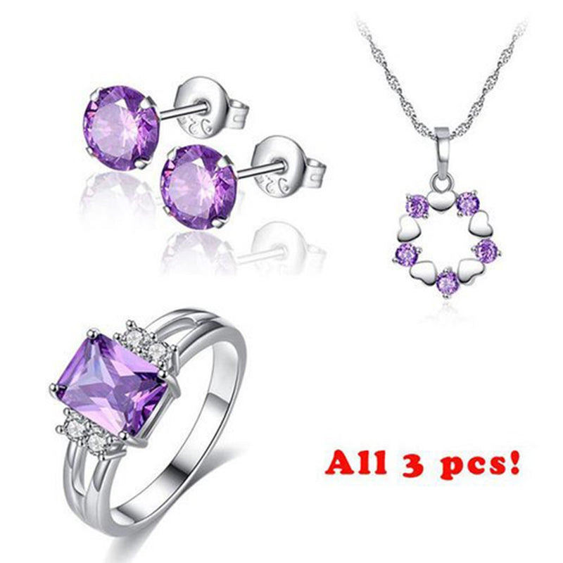 Fashion Jewelry Sets for Women Purple AAA+ Cubic Zircon Necklace + Earring + Ring Femme Bijoux