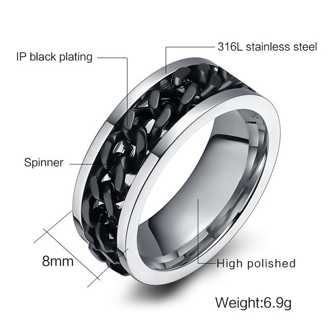 Fashion Men Ring The Punk Rock Accessories Stainless Steel Black Chain Spinner Rings For Men 3 Color USA Size 6-12