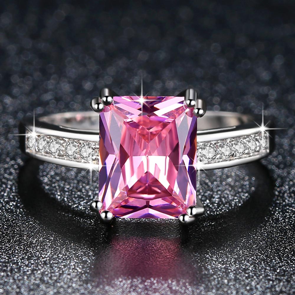 Fashion Pink Princess cut AAA Cubic Zirconia Wedding Rings for Women Silver Color Jewelry Ladies Best Gifts