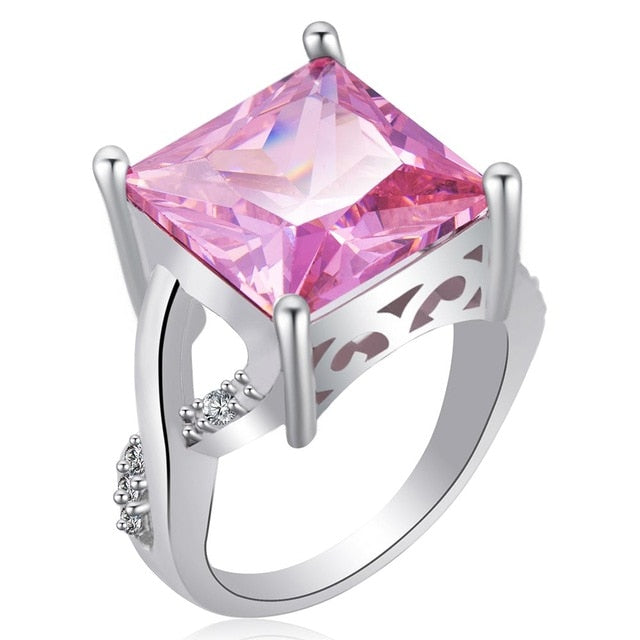 Fashion Women Rhodium Plated Luxury Pink Princess Cubic Zirconia CZ Wedding Ring LR0080