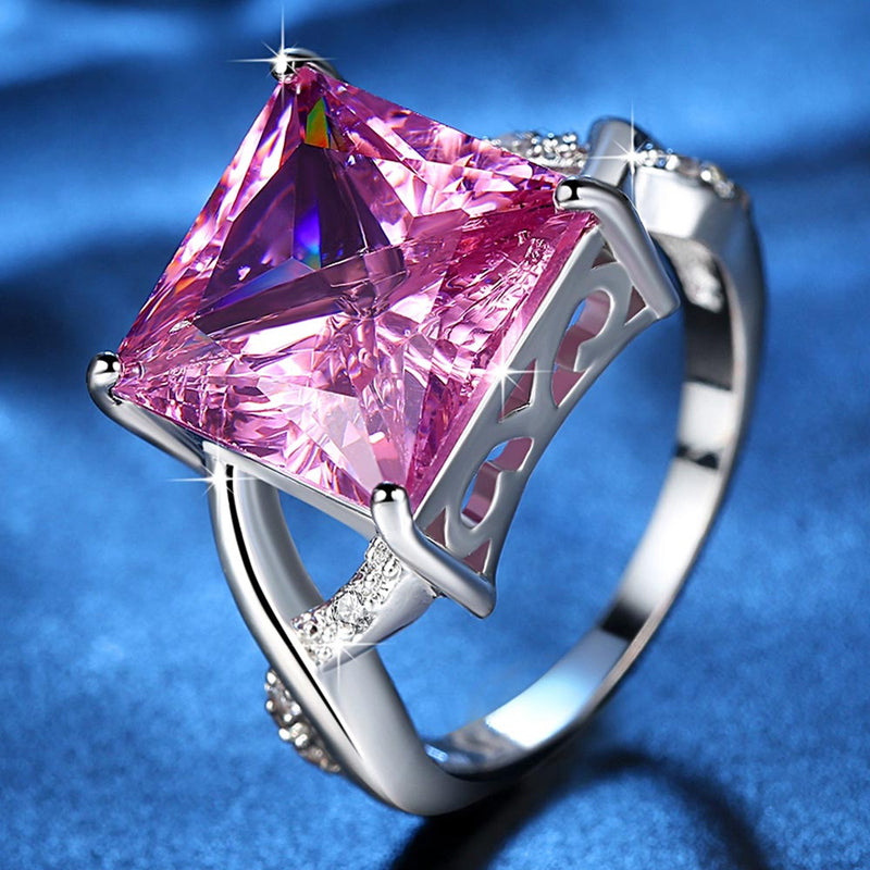 Fashion Women Rhodium Plated Luxury Pink Princess Cubic Zirconia CZ Wedding Ring LR0080