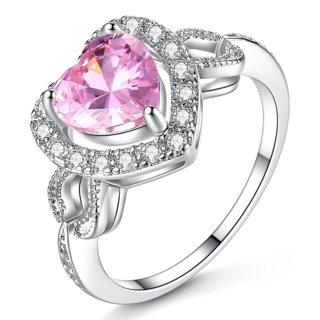 Fashion Women White Gold Color Heart Pink Full Crystal Wedding Band Rings for Women Jewelry Rings Size 6 7 8 9