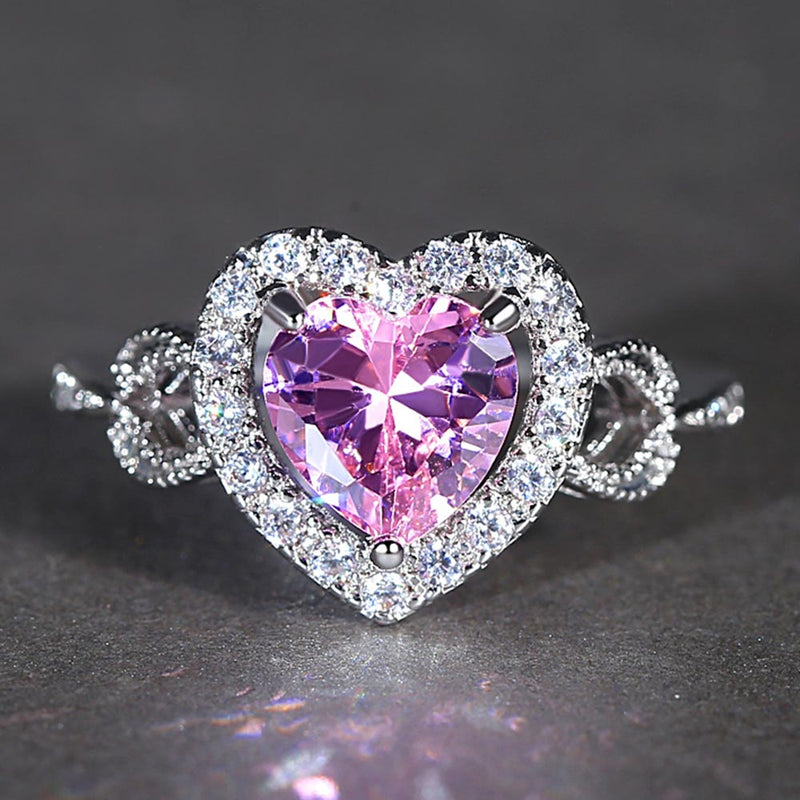 Fashion Women White Gold Color Heart Pink Full Crystal Wedding Band Rings for Women Jewelry Rings Size 6 7 8 9