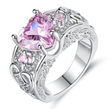 Heart Shaped Pink / Red Zircon Stone Rhodium Plated Women Angel Wing Ring