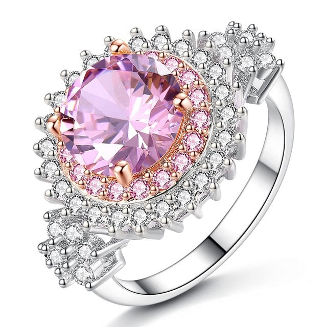 Luxurious Women Rhodium Plated Round Pink Yellow Big Crystal Ring Size 6-9