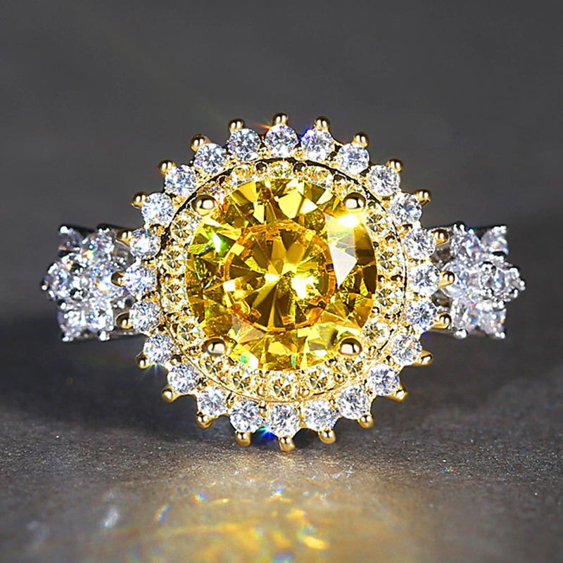 Luxurious Women Rhodium Plated Round Pink Yellow Big Crystal Ring Size 6-9