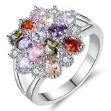 Muti-color Flower CZ Ring for Women in Rhodium Plated Retro AAA Cubic Zirconia Silver Jewelry Gifts for Women