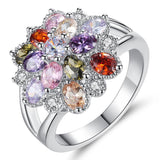 Muti-color Flower CZ Ring for Women in Rhodium Plated Retro AAA Cubic Zirconia Silver Jewelry Gifts for Women