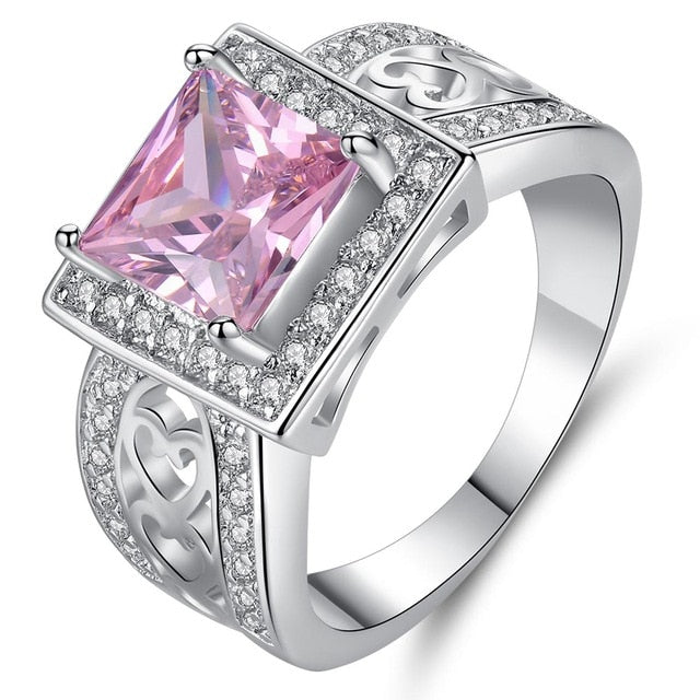 New Arrivals Square Pink Zircon Rings for Women Luxury White Gold Color Wedding Bands Jewelry Ladies Gifts