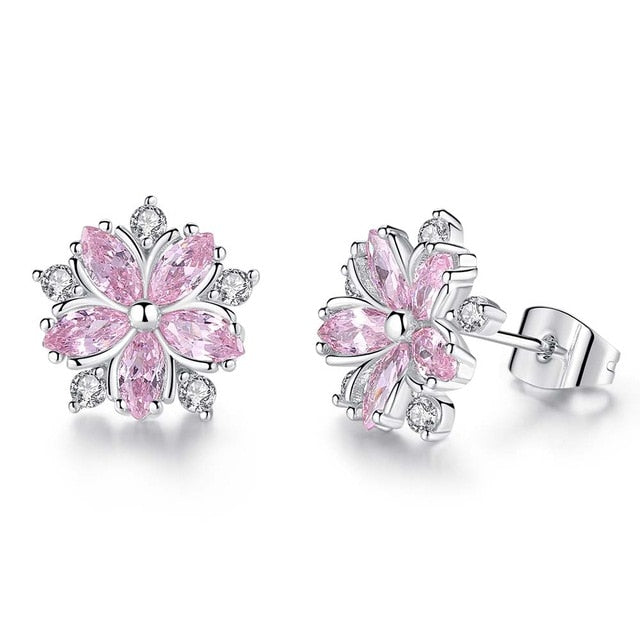 Pink Sakura Cubic Zirconia Earrings for Women in Rhodium Plated Wedding Decoration Fashion Jewelry Free Shipping