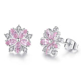 Pink Sakura Cubic Zirconia Earrings for Women in Rhodium Plated Wedding Decoration Fashion Jewelry Free Shipping