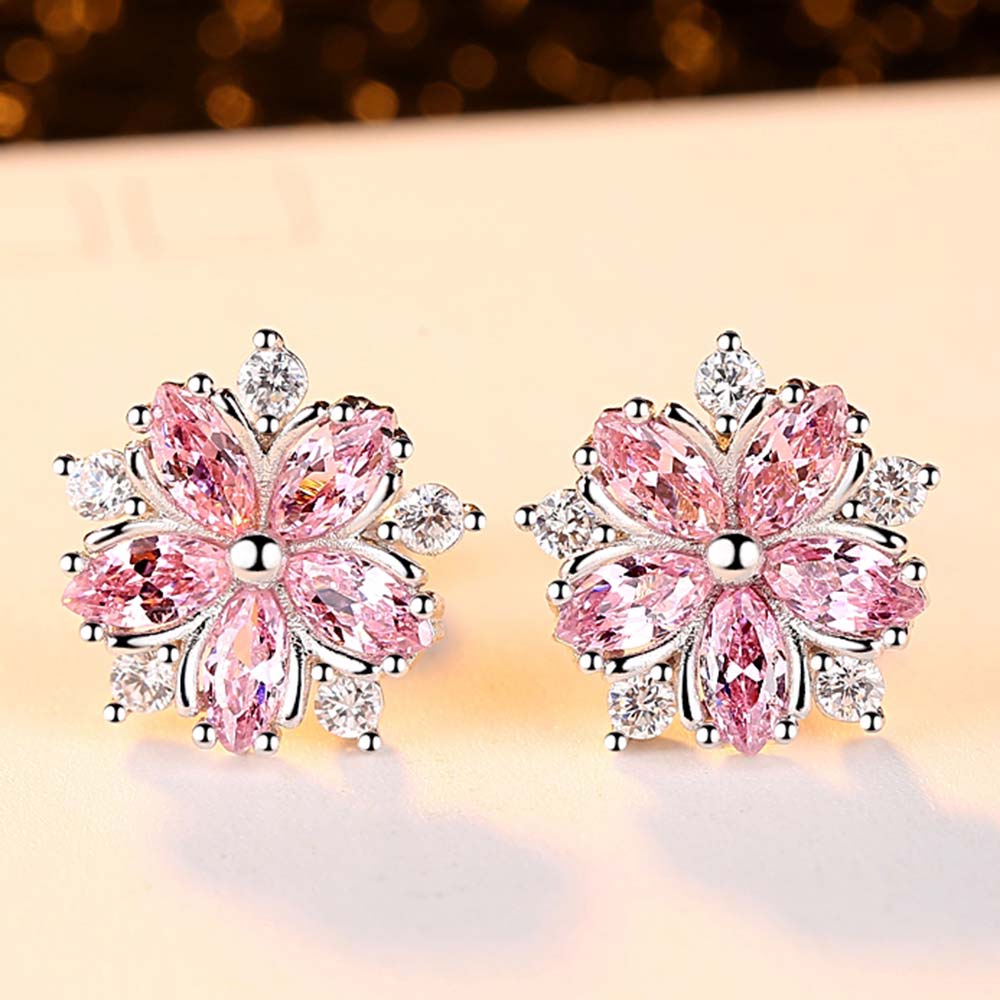 Pink Sakura Cubic Zirconia Earrings for Women in Rhodium Plated Wedding Decoration Fashion Jewelry Free Shipping
