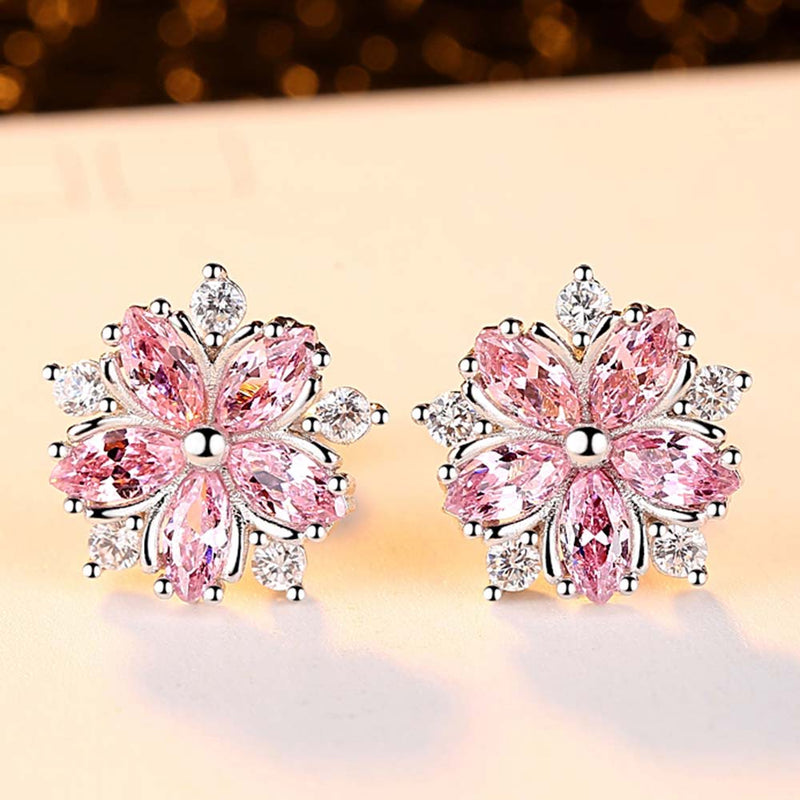 Pink Sakura Cubic Zirconia Earrings for Women in Rhodium Plated Wedding Decoration Fashion Jewelry Free Shipping