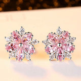 Pink Sakura Cubic Zirconia Earrings for Women in Rhodium Plated Wedding Decoration Fashion Jewelry Free Shipping