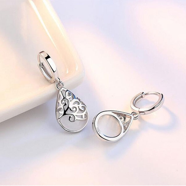Pink / White Cat's Eye Stone Water Drop Earrings for Women White Gold Jewelry Ladies Gift Free Shipping