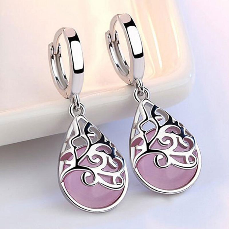 Pink / White Cat's Eye Stone Water Drop Earrings for Women White Gold Jewelry Ladies Gift Free Shipping