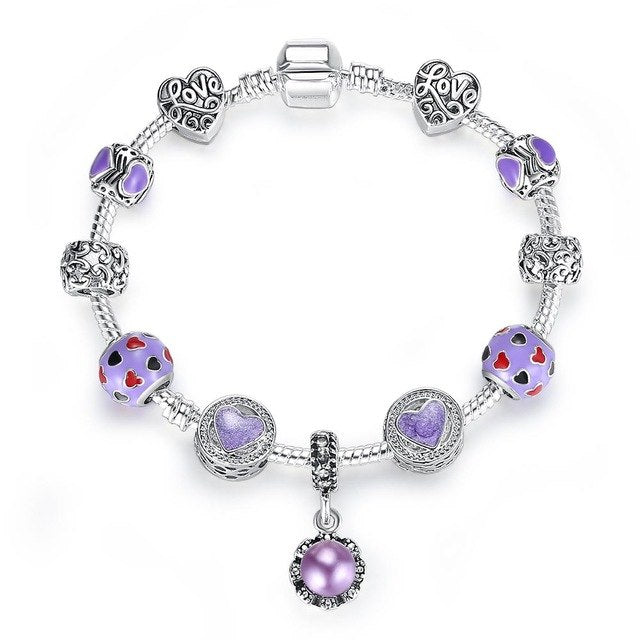 Purple Crystal Charm Silver Bracelets & Bangles for Women with DIY Beads Pearl Bracelet Femme Jewelry 2019 New Arrivals