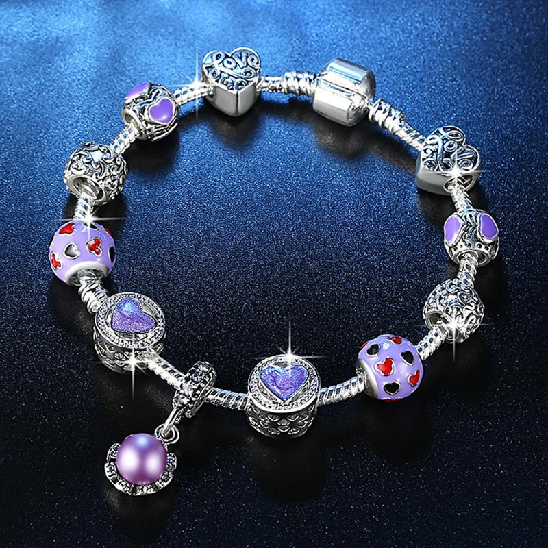 Purple Crystal Charm Silver Bracelets & Bangles for Women with DIY Beads Pearl Bracelet Femme Jewelry 2019 New Arrivals