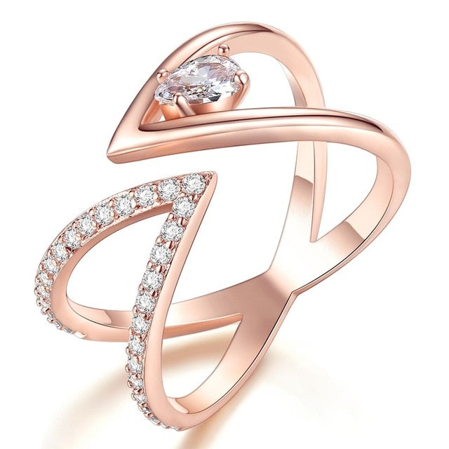 Rose Gold Color AAA+ Cubic Zircon CZ Cluster V Letter Open Size Finger Ring