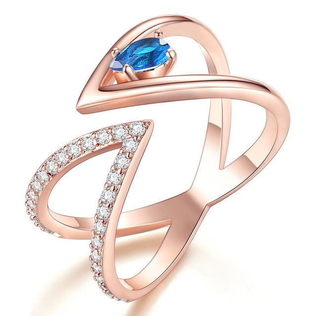 Rose Gold Color AAA+ Cubic Zircon CZ Cluster V Letter Open Size Finger Ring