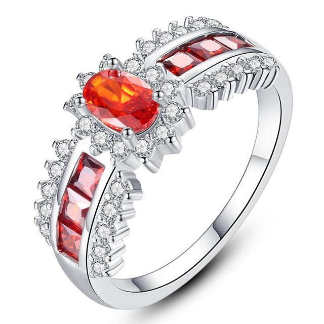 Size 6-9 Jewelry Oval Cut Red / Blue AAA Cubic Zirconia Wedding Band Silver Color Womens Ring