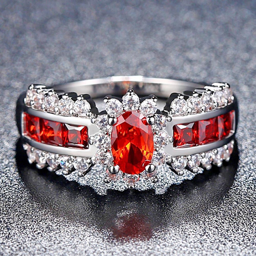 Size 6-9 Jewelry Oval Cut Red / Blue AAA Cubic Zirconia Wedding Band Silver Color Womens Ring