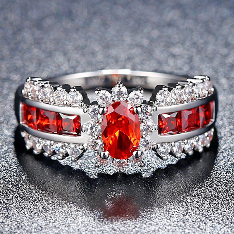 Size 6-9 Jewelry Oval Cut Red / Blue AAA Cubic Zirconia Wedding Band Silver Color Womens Ring