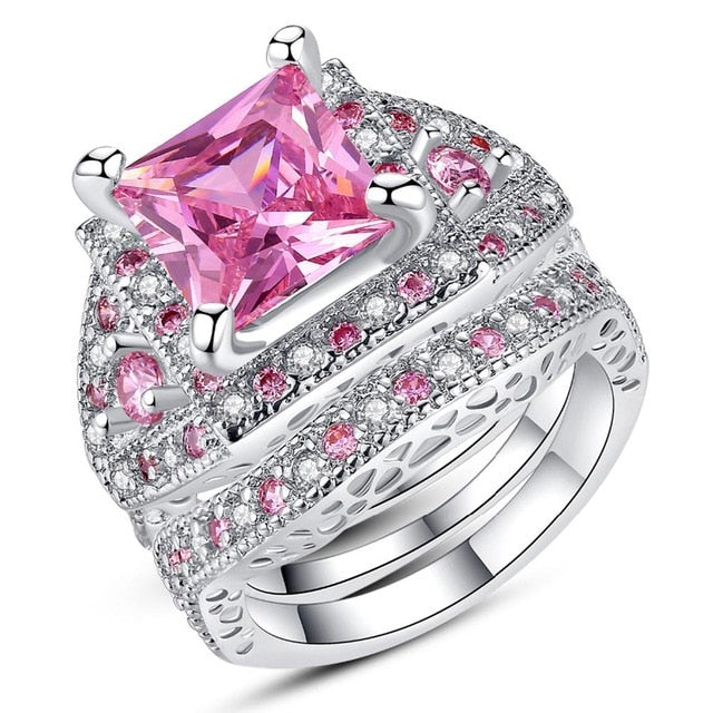 Women White Gold Color Pink Full Crystal Square CZ Couple Wedding Ring Size 6-9