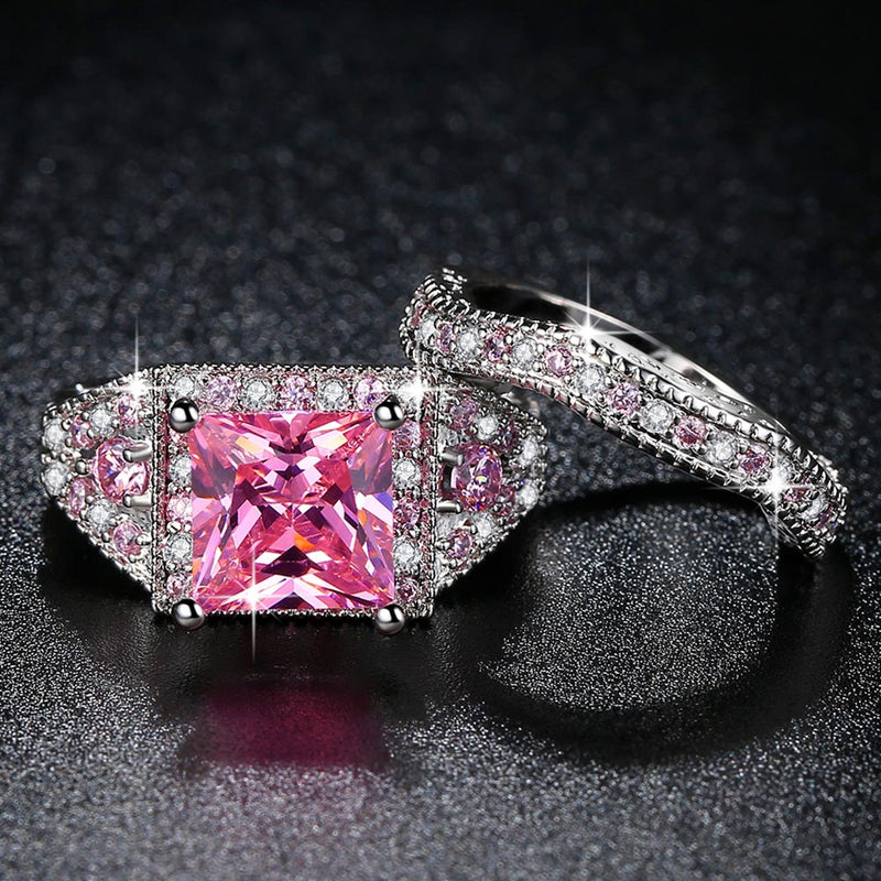 Women White Gold Color Pink Full Crystal Square CZ Couple Wedding Ring Size 6-9