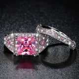 Women White Gold Color Pink Full Crystal Square CZ Couple Wedding Ring Size 6-9