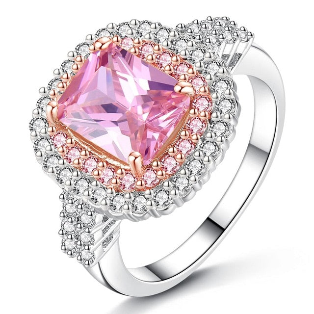 Women White Gold Color Yellow Pink Rectangle Big Crystal Ring Size 6 7 8 9