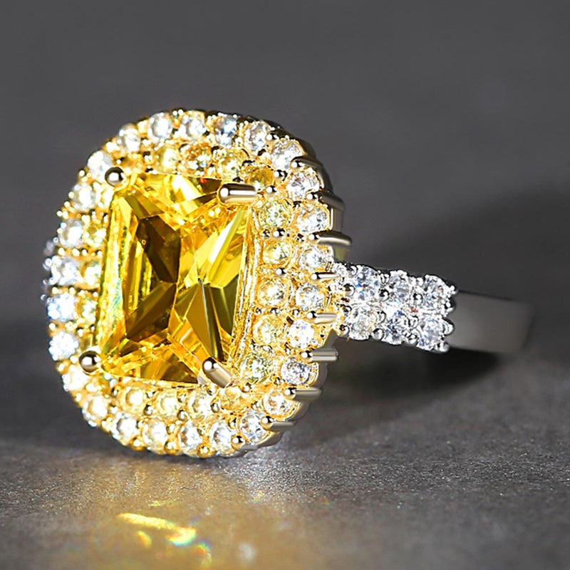 Women White Gold Color Yellow Pink Rectangle Big Crystal Ring Size 6 7 8 9