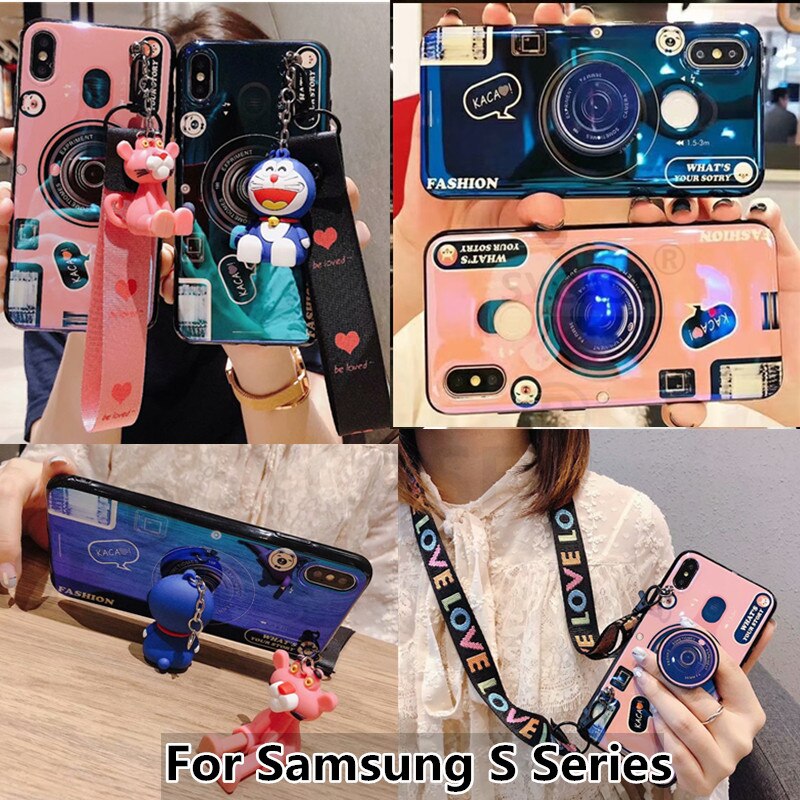 Blu-ray retro Camera Shell For Samsung S7 Edge S8 s8p S9 Plus S10 plus S10e S10 Lite Case Bracket Anti-knock Cover Lanyard Women