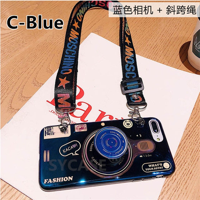 Blu-ray retro camera soft Shell For Samsung J2 Pro J3 J6 J7 J8 2018 J5 Prime J4 J6 Plus J8 Case doll bracket Cover lanyard Women