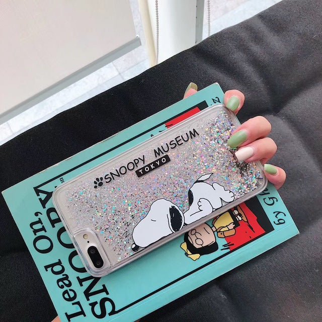 Cute Cartoon S noopy Dog Phone Case for IPhone 6 6S 7 8 Plus X XR XS MAX Transparent Quicksand Protect Shell Glitter PhoneCase