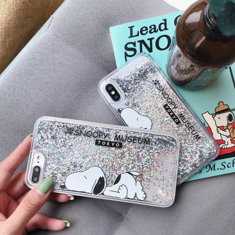 Cute Cartoon S noopy Dog Phone Case for IPhone 6 6S 7 8 Plus X XR XS MAX Transparent Quicksand Protect Shell Glitter PhoneCase