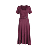 Elegant Women Dress Fashion High Waist Plain Asymmetric Midi Dress OL Casual Short Sleeve Party vestidos Dress Plus Size S-5XL