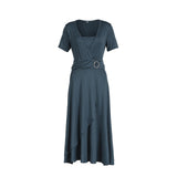 Elegant Women Dress Fashion High Waist Plain Asymmetric Midi Dress OL Casual Short Sleeve Party vestidos Dress Plus Size S-5XL
