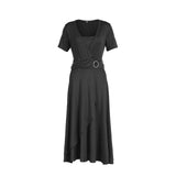 Elegant Women Dress Fashion High Waist Plain Asymmetric Midi Dress OL Casual Short Sleeve Party vestidos Dress Plus Size S-5XL