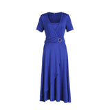 Elegant Women Dress Fashion High Waist Plain Asymmetric Midi Dress OL Casual Short Sleeve Party vestidos Dress Plus Size S-5XL