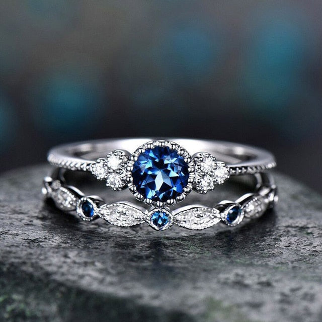 2Pcs Cubic Zircon Ring Copper with White Silver Plated Trendy Gifts