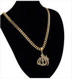 Stainless Steel Islamic Allah Pendant Necklace Gold CZ Stone Rhinestone 75cm Rope Chain for Men Women Hip Hop Jewelry Gift