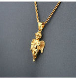 New Gold Small Angel Boy Pendant Necklace Titanium Steel Angels Punk Jewelry 60cm Rope Chain Men Women Christmas Gifts