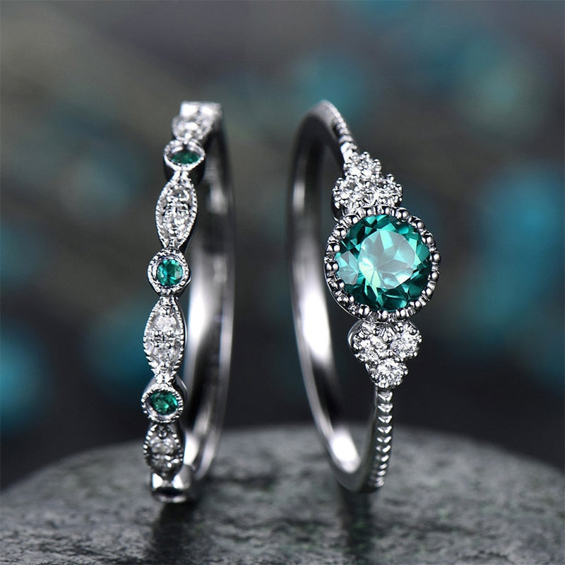 2Pcs Cubic Zircon Ring Copper with White Silver Plated Trendy Gifts