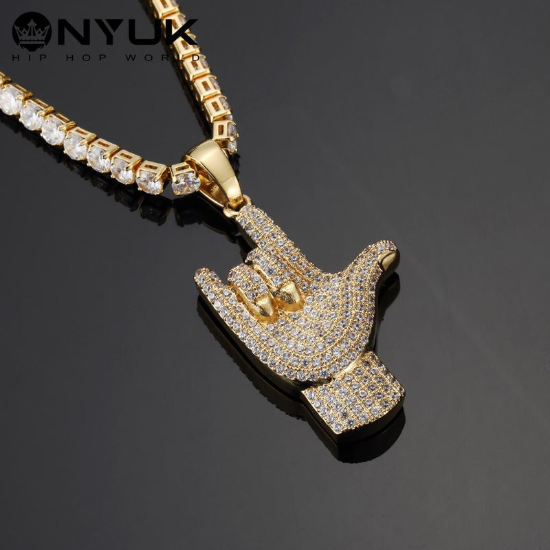 High Quality Zircon Hip Hop CZ Simulated Tennis Bling Praying Buddha Hands Pendant Prayer Jesus Chains Round Rhinestones 60cm