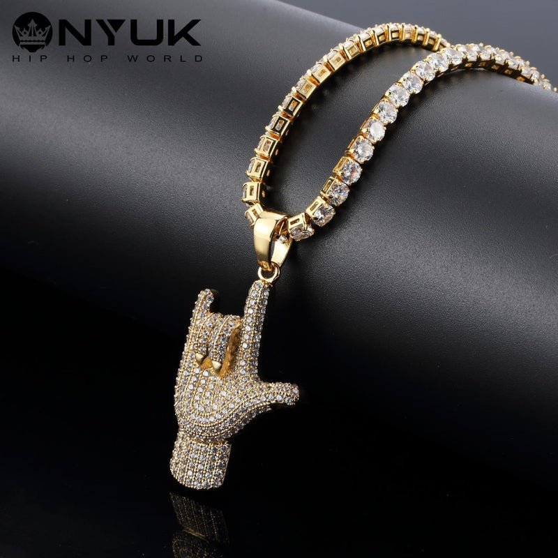 High Quality Zircon Hip Hop CZ Simulated Tennis Bling Praying Buddha Hands Pendant Prayer Jesus Chains Round Rhinestones 60cm