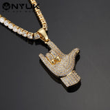 High Quality Zircon Hip Hop CZ Simulated Tennis Bling Praying Buddha Hands Pendant Prayer Jesus Chains Round Rhinestones 60cm