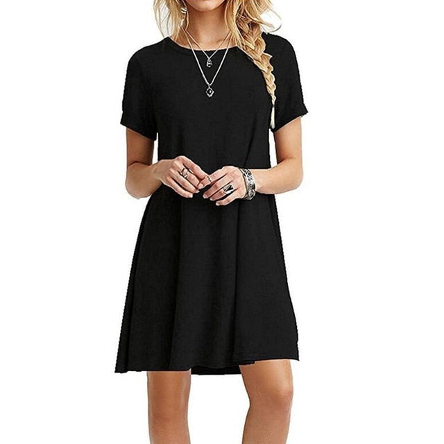 Hot Autumn Women's Long Sleeve Dress Large Size S-2XL Solid Color Dress Round Neck Short Sleeve Loose Slim Commuter Casual
