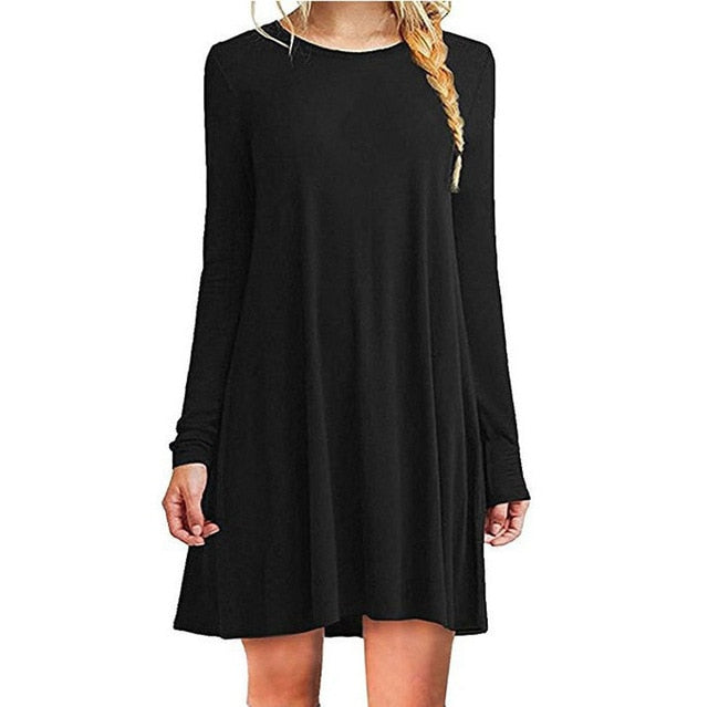 Hot Autumn Women's Long Sleeve Dress Large Size S-2XL Solid Color Dress Round Neck Short Sleeve Loose Slim Commuter Casual