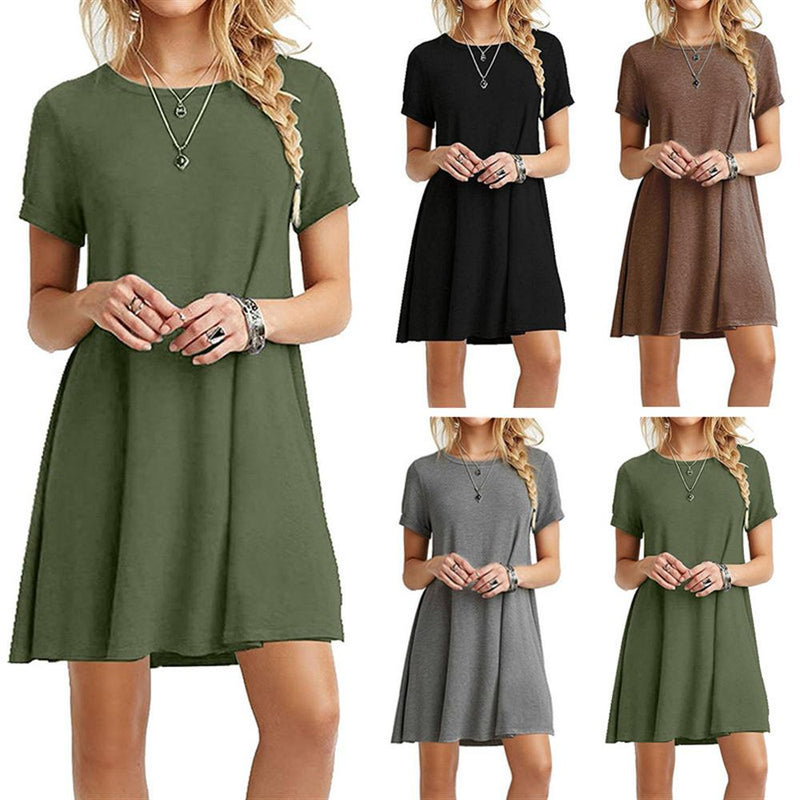 Hot Autumn Women's Long Sleeve Dress Large Size S-2XL Solid Color Dress Round Neck Short Sleeve Loose Slim Commuter Casual